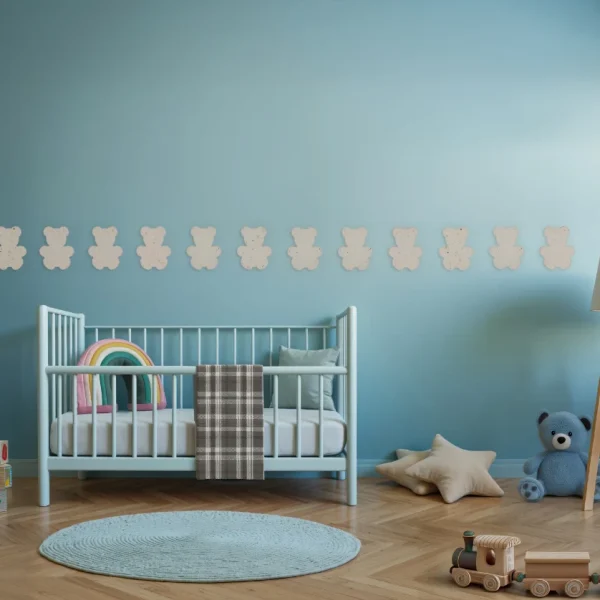 Chambre d'enfant décoré avec un ourson issu de peluches recyclées